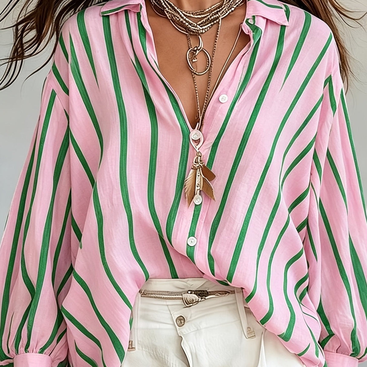 Rosetta | Women's Retro Striped Long Sleeve Shirt, Loose Vacation Style, Casual Beach Top