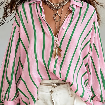 Rosetta | Women's Retro Striped Long Sleeve Shirt, Loose Vacation Style, Casual Beach Top
