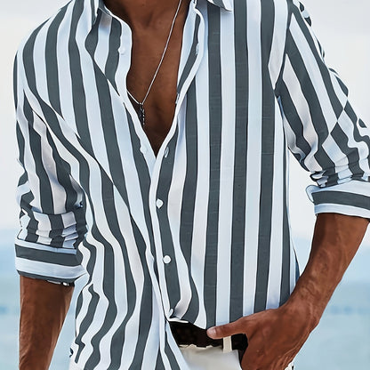 Kervik™ Men's Long Sleeve Tropical Shirt with Stripes and Classic Collar