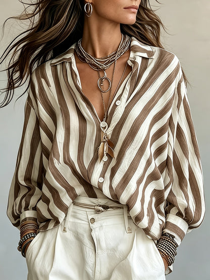 Rosetta | Women's Retro Striped Long Sleeve Shirt, Loose Vacation Style, Casual Beach Top