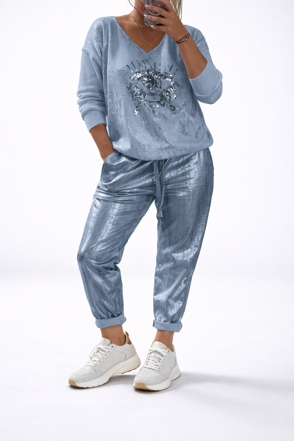 Bellmoire™ Embroidered Top and Metallic Pants Set