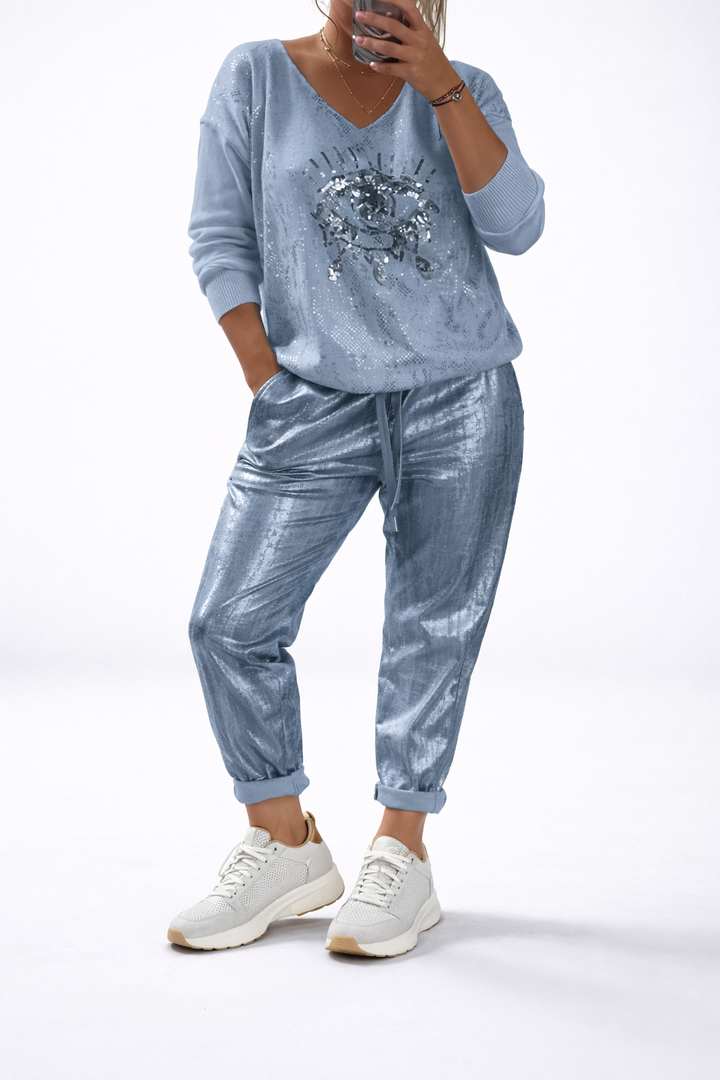 Bellmoire™ Embroidered Top and Metallic Pants Set