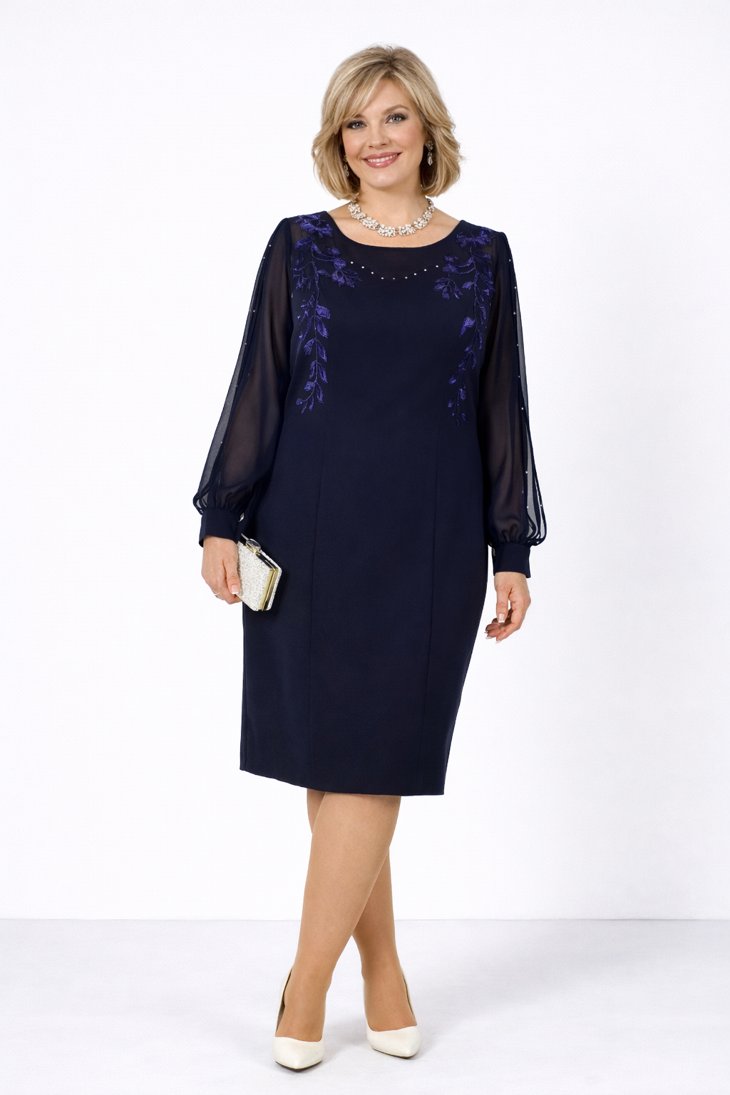 Senara™ Soft Neckline Embroidered Dress
