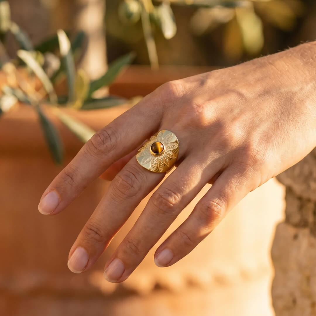 Leah | Mandala Ring with Tiger Eye and Protective Design