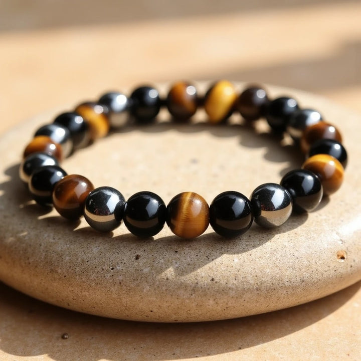 Caryra™ "3 Protections" Bracelet in Tiger Eye, Hematite, and Black Obsidian
