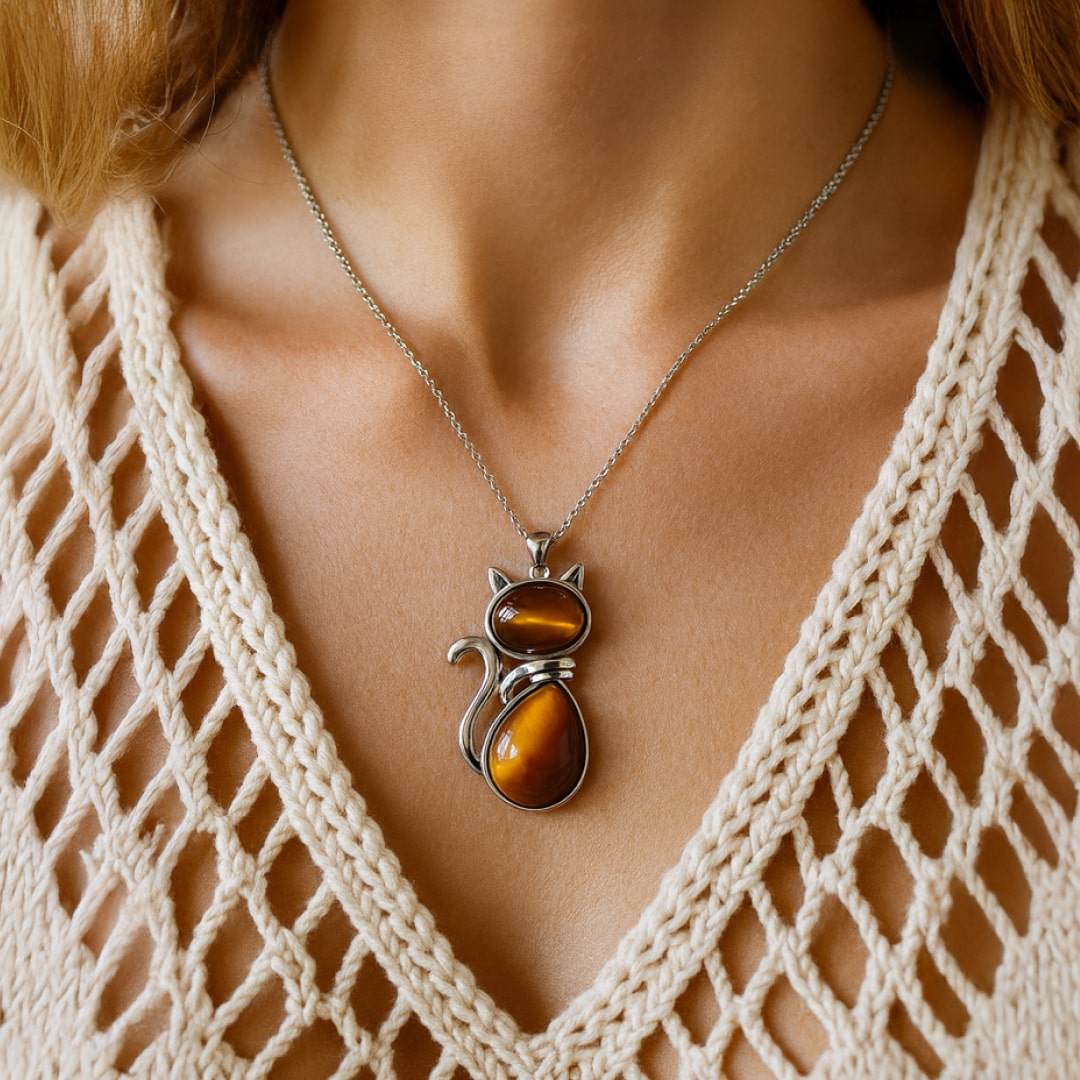 Mewlina™ Cat Pendant with Natural Stone