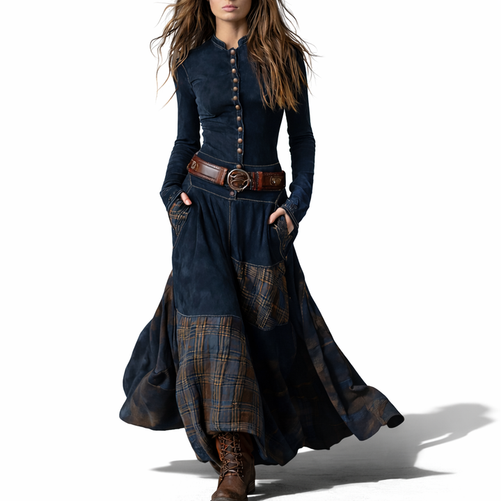 Elira™ Long Vintage Suede Dress with Check Pattern (with Belt)