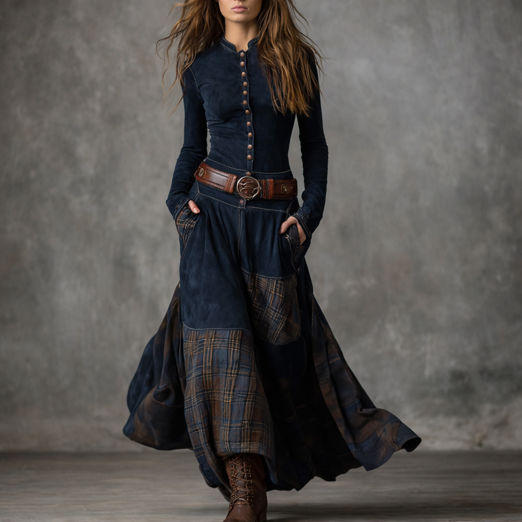 Elira™ Long Vintage Suede Dress with Check Pattern (with Belt)
