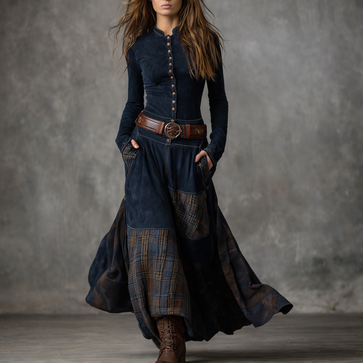 Elira™ Long Vintage Suede Dress with Check Pattern (with Belt)