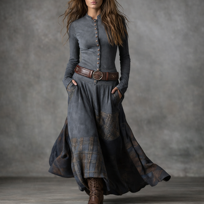 Elira™ Long Vintage Suede Dress with Check Pattern (with Belt)