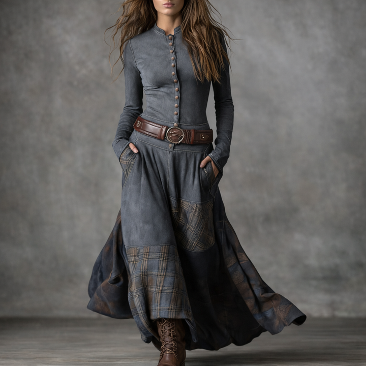 Elira™ Long Vintage Suede Dress with Check Pattern (with Belt)