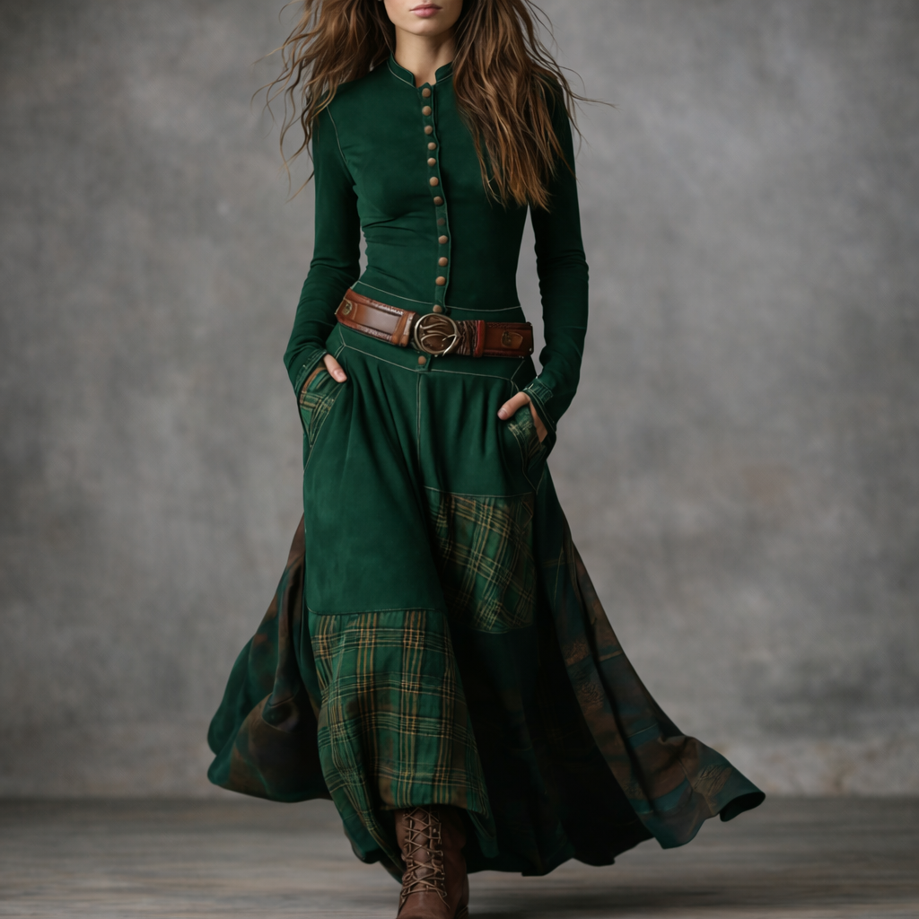 Elira™ Long Vintage Suede Dress with Check Pattern (with Belt)