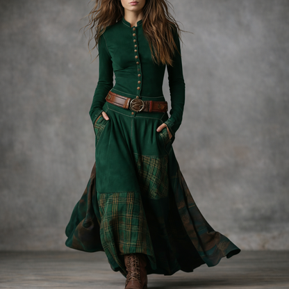 Elira™ Long Vintage Suede Dress with Check Pattern (with Belt)