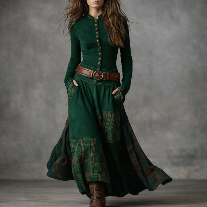 Elira™ Long Vintage Suede Dress with Check Pattern (with Belt)