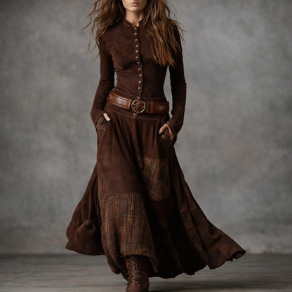 Elira™ Long Vintage Suede Dress with Check Pattern (with Belt)