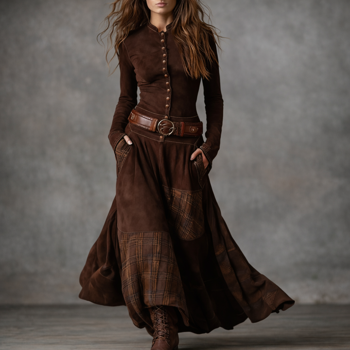 Elira™ Long Vintage Suede Dress with Check Pattern (with Belt)