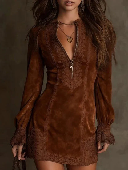 Renata™ Short Lace and Suede Dress