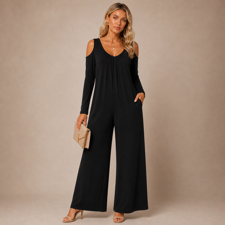Tansira™ Elegant Jumpsuit with Off-Shoulder Design and Included Earrings
