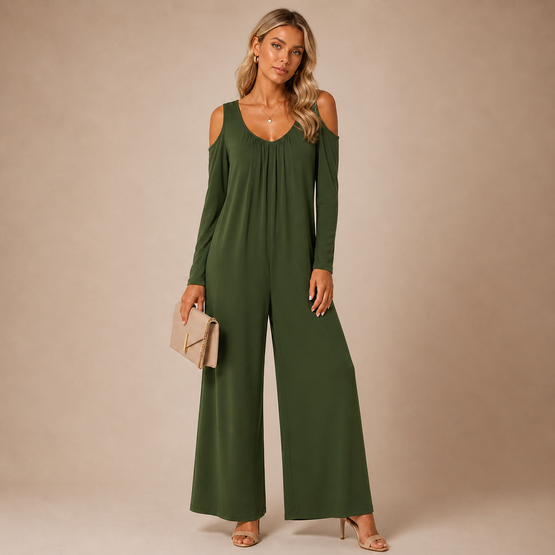 Tansira™ Elegant Jumpsuit with Off-Shoulder Design and Included Earrings