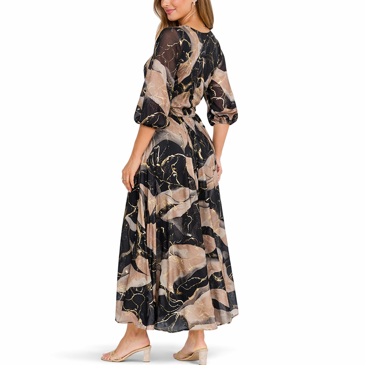 Wynoria™ Elegant Maxi Dress with Gold Marble Print