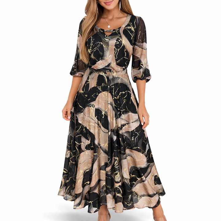 Wynoria™ Elegant Maxi Dress with Gold Marble Print