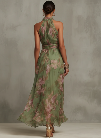 Aria™ Long Floral Chiffon Halter Dress in Green