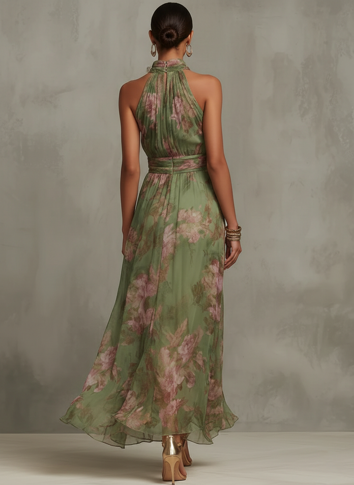 Aria™ Long Floral Chiffon Halter Dress in Green