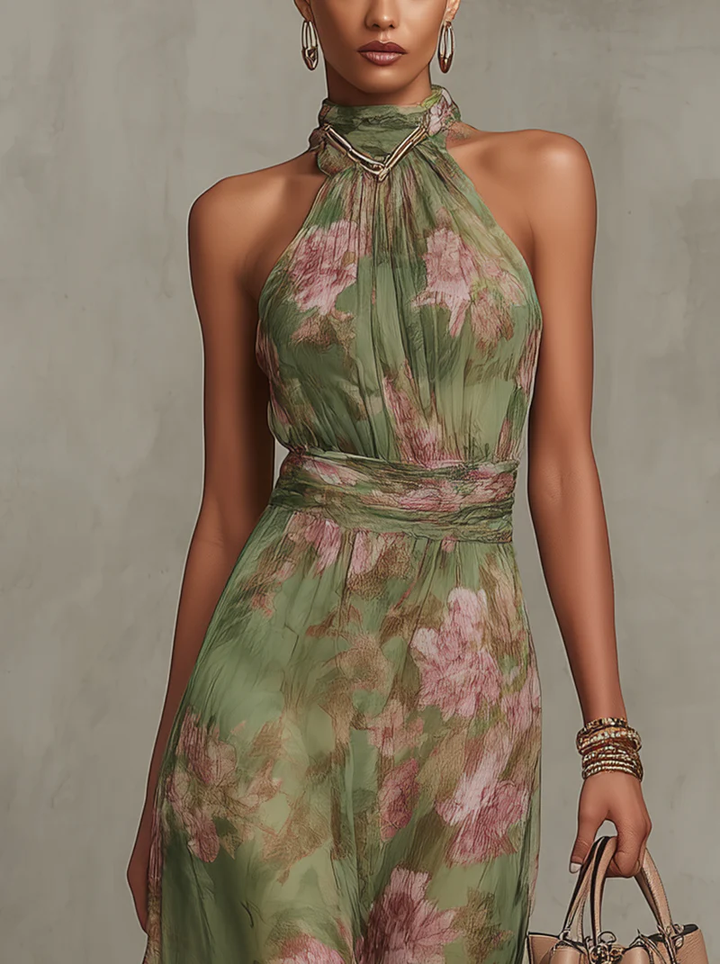 Aria™ Long Floral Chiffon Halter Dress in Green