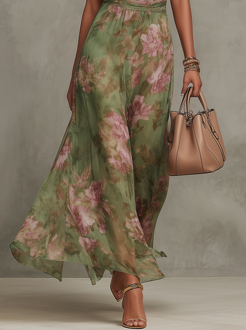 Aria™ Long Floral Chiffon Halter Dress in Green