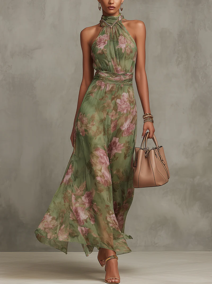 Aria™ Long Floral Chiffon Halter Dress in Green