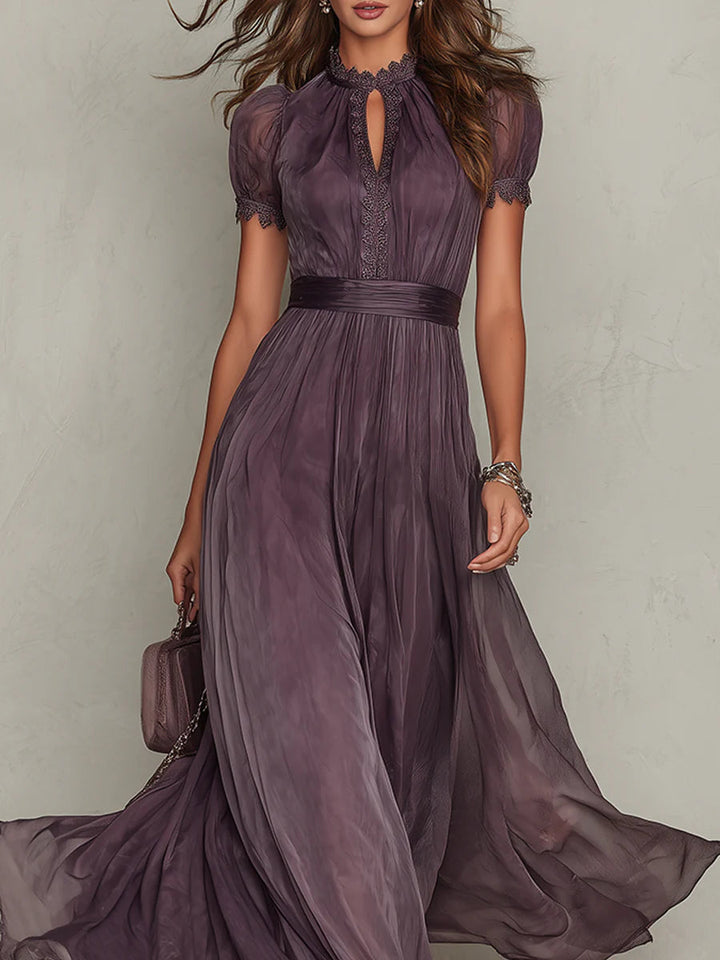 Bellamy™ Long Purple Dress with Keyhole Neckline and Chiffon Lace Trim