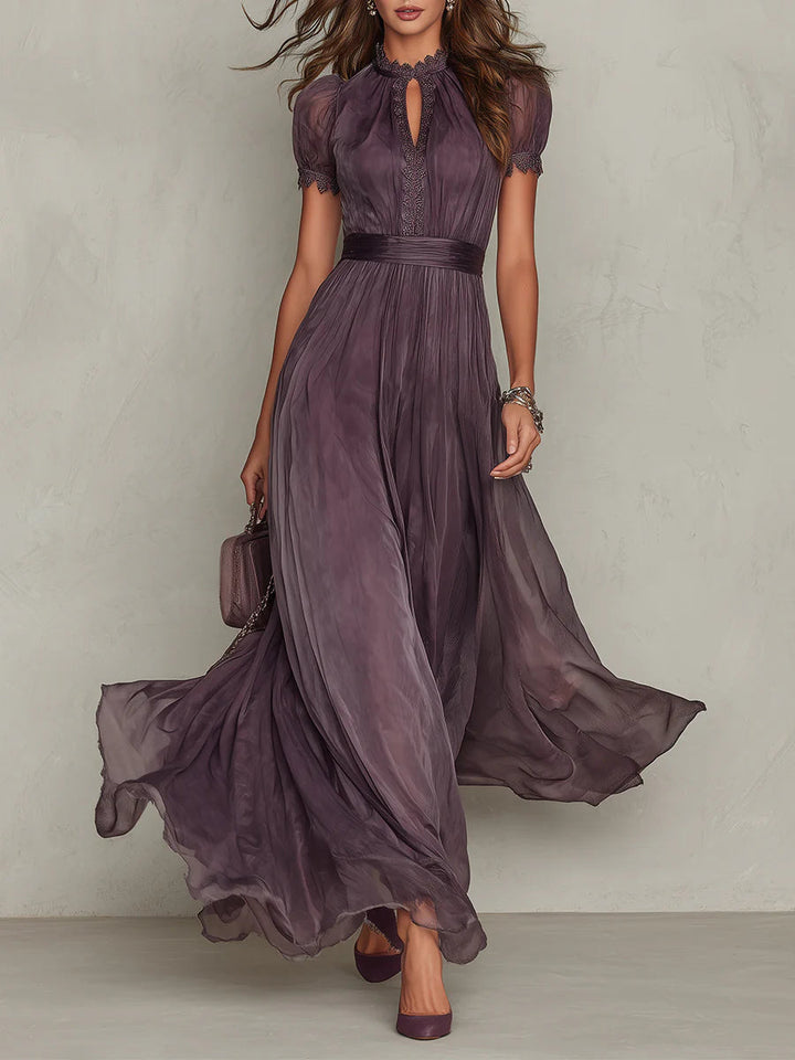 Bellamy™ Long Purple Dress with Keyhole Neckline and Chiffon Lace Trim