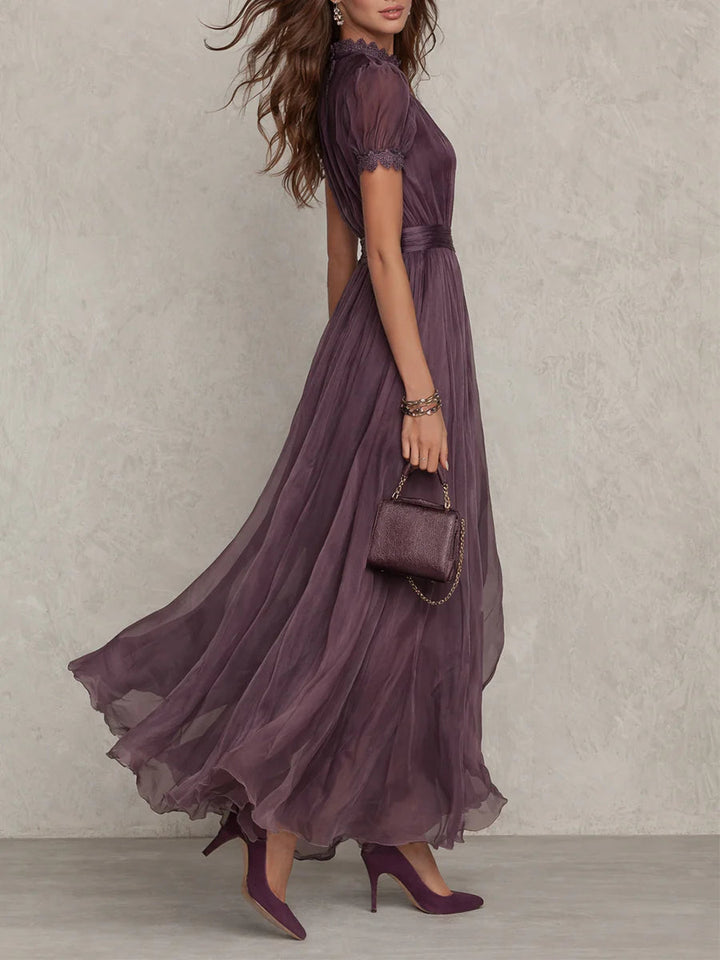 Bellamy™ Long Purple Dress with Keyhole Neckline and Chiffon Lace Trim