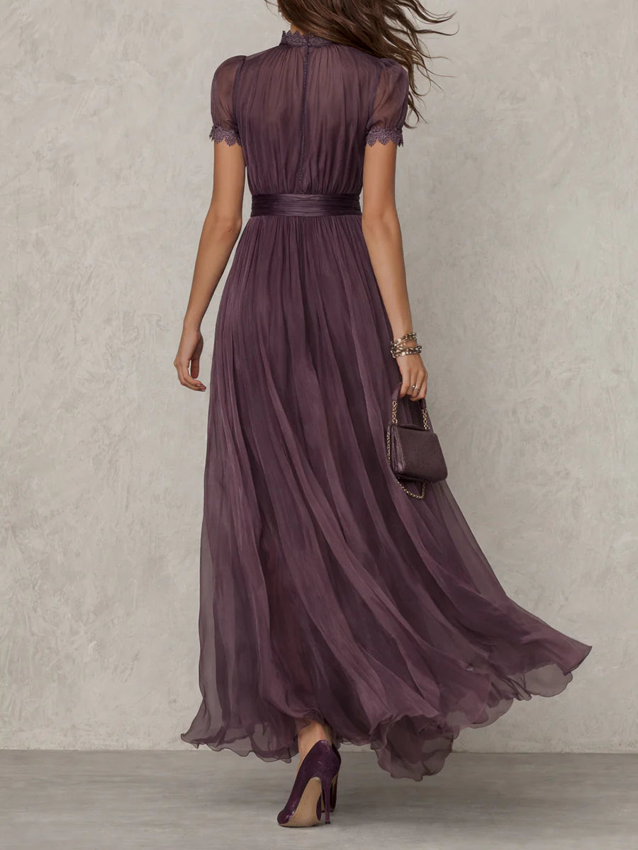 Bellamy™ Long Purple Dress with Keyhole Neckline and Chiffon Lace Trim