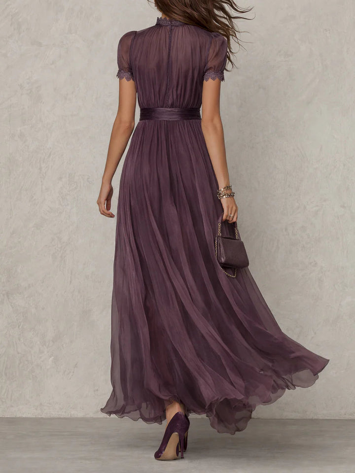 Bellamy™ Long Purple Dress with Keyhole Neckline and Chiffon Lace Trim