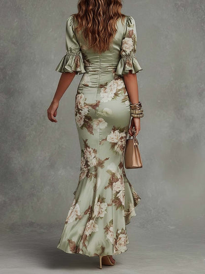 Virae™ Satin Midi Dress with Floral Print and V-Neck