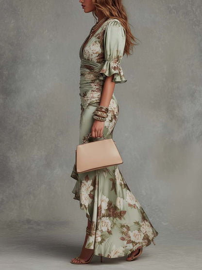 Virae™ Satin Midi Dress with Floral Print and V-Neck