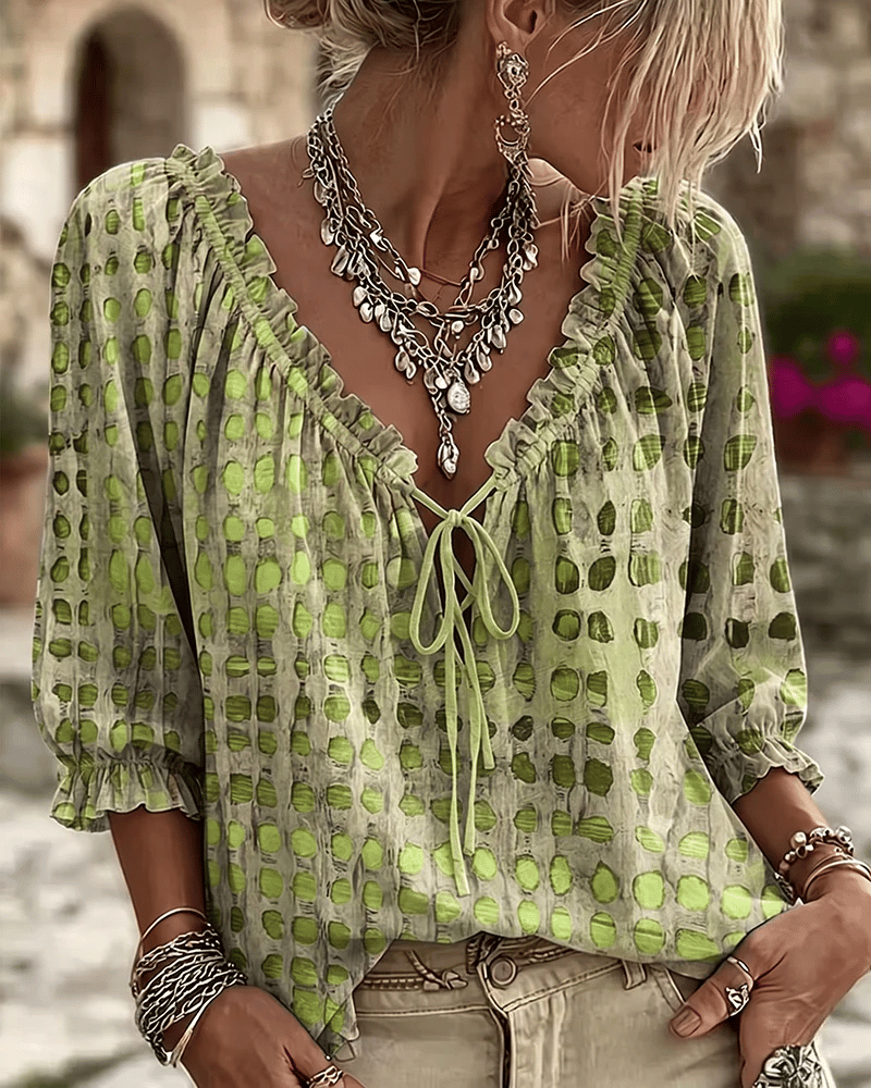 Paige | Polka Dot Blouse with Adjustable V-Neck and 3/4 Sleeves
