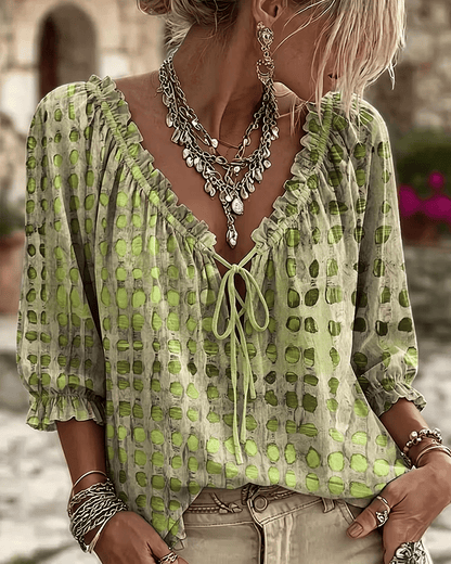 Paige | Polka Dot Blouse with Adjustable V-Neck and 3/4 Sleeves