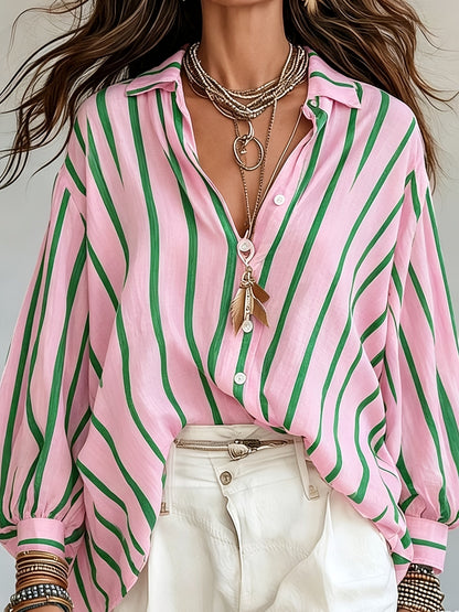 Rosetta | Women's Retro Striped Long Sleeve Shirt, Loose Vacation Style, Casual Beach Top