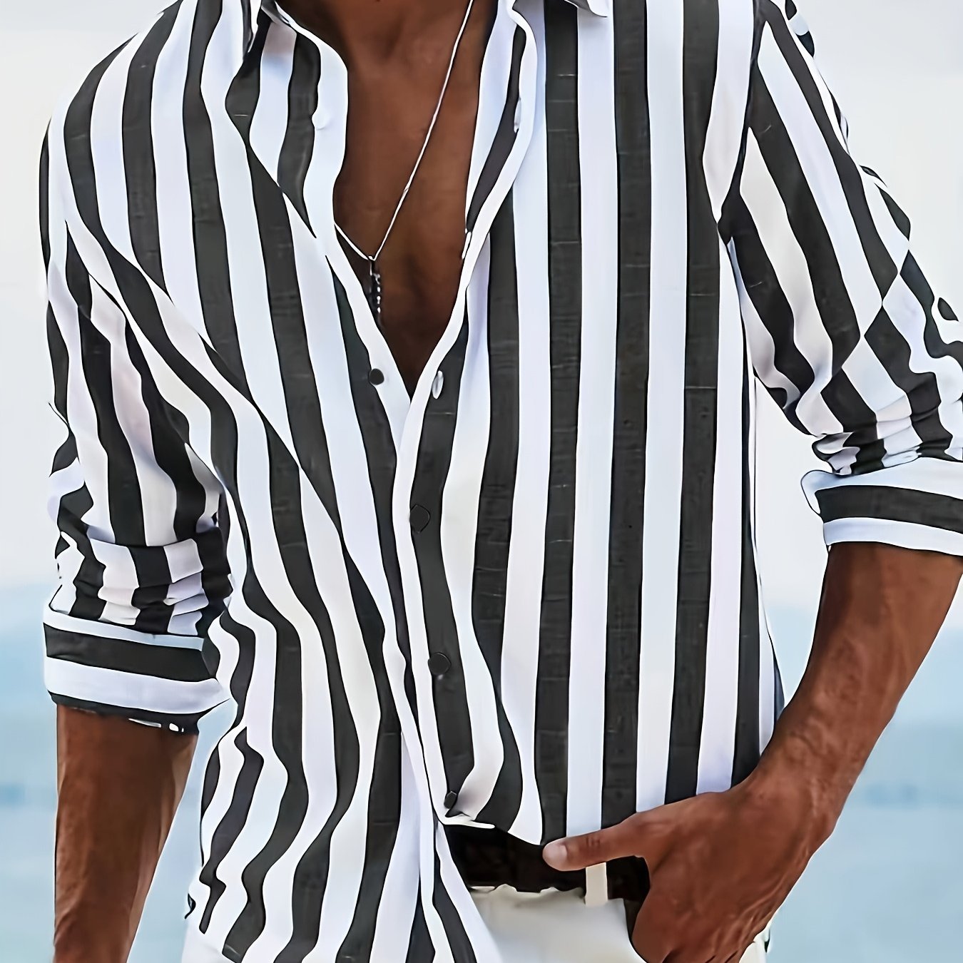 Kervik™ Men's Long Sleeve Tropical Shirt with Stripes and Classic Collar