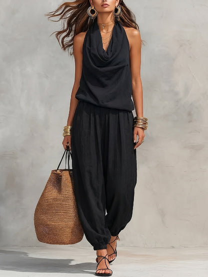 Allegra | Halter Neck Top and Wide Leg Pant Set with Linen Texture
