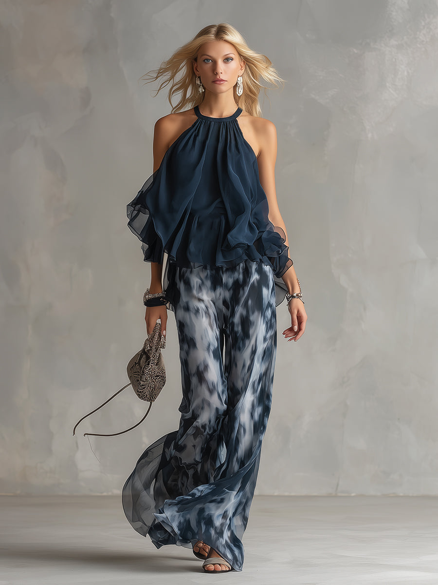 Isolde™ elegant chiffon set with high-neck top and printed wide-leg pants