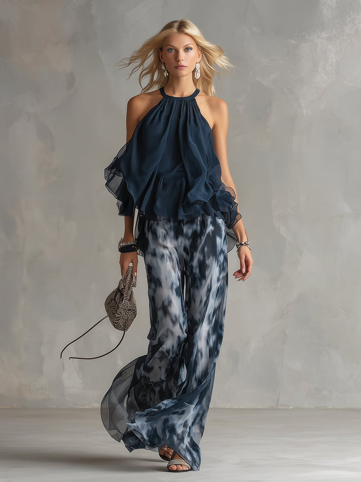 Isolde™ elegant chiffon set with high-neck top and printed wide-leg pants