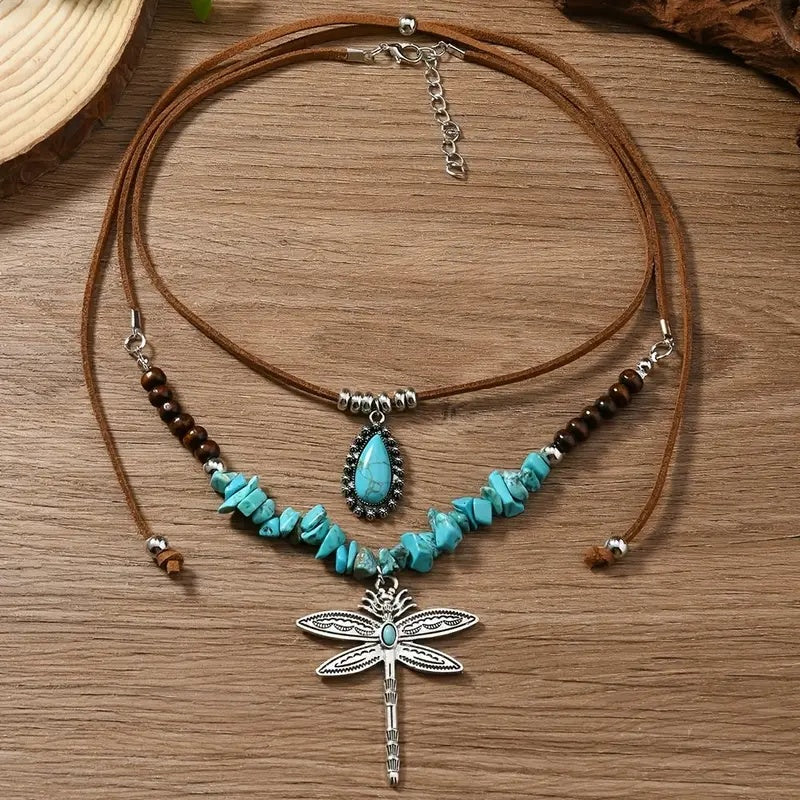 Ottiliea | Set of 2 Necklaces with Dragonfly, Irregular Stones and Bohemian Style Beads