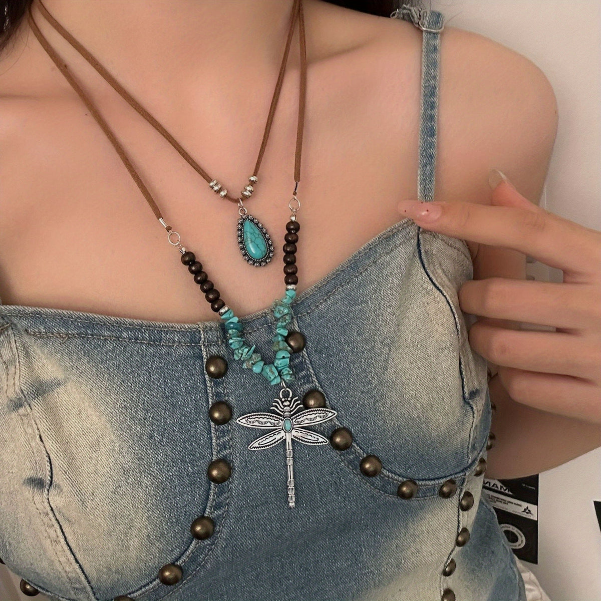 Ottiliea | Set of 2 Necklaces with Dragonfly, Irregular Stones and Bohemian Style Beads