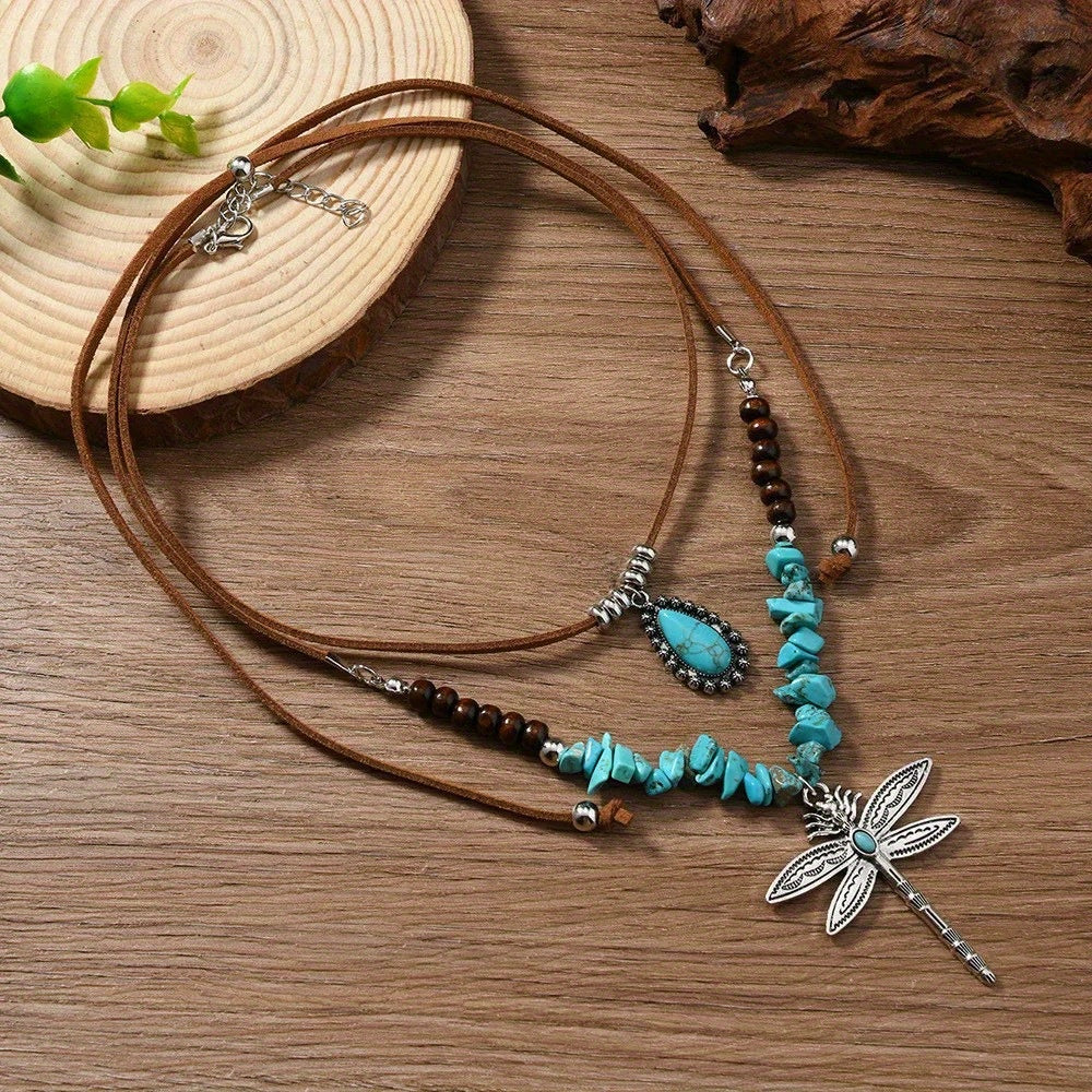 Ottiliea | Set of 2 Necklaces with Dragonfly, Irregular Stones and Bohemian Style Beads