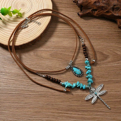 Ottiliea | Set of 2 Necklaces with Dragonfly, Irregular Stones and Bohemian Style Beads