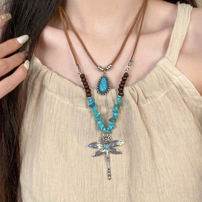 Ottiliea | Set of 2 Necklaces with Dragonfly, Irregular Stones and Bohemian Style Beads