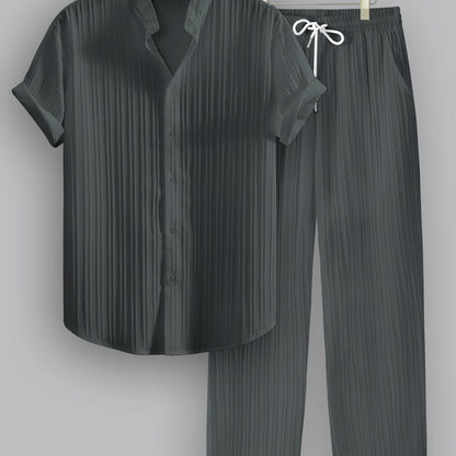 Kavaroq™ Men's Summer Set with Mao Collar Shirt and Drawstring Pants